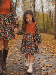 Emery Rose Kids 女童 LUNE 花卉印花燈籠袖荷葉邊洋裝，法式花卉仙女風洋裝 - 黑色 - 查看 1