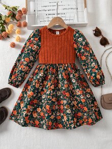 Emery Rose Kids 女童 LUNE 花卉印花燈籠袖荷葉邊洋裝，法式花卉仙女風洋裝 - 黑色 - 查看 4