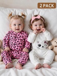 SHEIN 2件組新生女嬰秋季舒適甜美可愛豹貓圖案長袖連身衣套裝，適合任何場合 - 彩色 - 查看 4