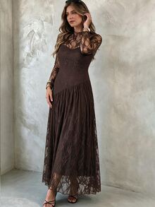 Elegantrix Gaun Wanita Ukuran Plus Elegan dengan Renda Asimetris dan Patchwork Lengan Panjang Model A-Line untuk Pesta Musim Semi, Gugur, Musim Dingin, Koktail, Kencan Formal, Jalan-jalan, dan Perjalanan Sehari-hari, Warna Cokelat - Coklat - View 3