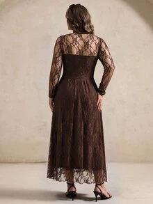 Elegantrix Gaun Wanita Ukuran Plus Elegan dengan Renda Asimetris dan Patchwork Lengan Panjang Model A-Line untuk Pesta Musim Semi, Gugur, Musim Dingin, Koktail, Kencan Formal, Jalan-jalan, dan Perjalanan Sehari-hari, Warna Cokelat - Coklat - View 7