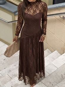 Elegantrix Gaun Wanita Ukuran Plus Elegan dengan Renda Asimetris dan Patchwork Lengan Panjang Model A-Line untuk Pesta Musim Semi, Gugur, Musim Dingin, Koktail, Kencan Formal, Jalan-jalan, dan Perjalanan Sehari-hari, Warna Cokelat - Coklat - View 4