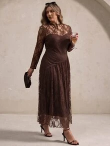 Elegantrix Gaun Wanita Ukuran Plus Elegan dengan Renda Asimetris dan Patchwork Lengan Panjang Model A-Line untuk Pesta Musim Semi, Gugur, Musim Dingin, Koktail, Kencan Formal, Jalan-jalan, dan Perjalanan Sehari-hari, Warna Cokelat - Coklat - View 9