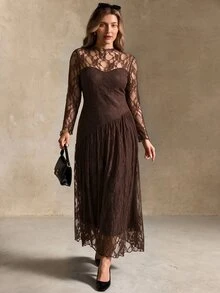 Elegantrix Gaun Wanita Ukuran Plus Elegan dengan Renda Asimetris dan Patchwork Lengan Panjang Model A-Line untuk Pesta Musim Semi, Gugur, Musim Dingin, Koktail, Kencan Formal, Jalan-jalan, dan Perjalanan Sehari-hari, Warna Cokelat - Coklat - View 8