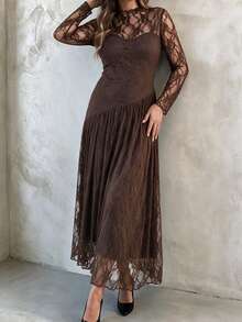 Elegantrix Gaun Wanita Ukuran Plus Elegan dengan Renda Asimetris dan Patchwork Lengan Panjang Model A-Line untuk Pesta Musim Semi, Gugur, Musim Dingin, Koktail, Kencan Formal, Jalan-jalan, dan Perjalanan Sehari-hari, Warna Cokelat - Coklat - View 2