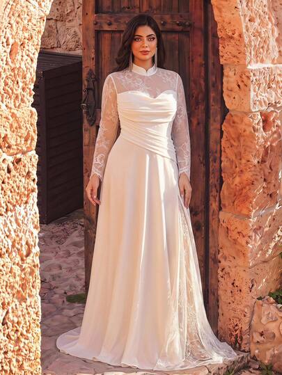 Aureia Plus Size Elegant Glamorous Romantic White Stretch Knit Contrast Lace Sheer Sleeve Pleated Cowl Neck V-Waist A-Line Hem Wedding Dinner Party