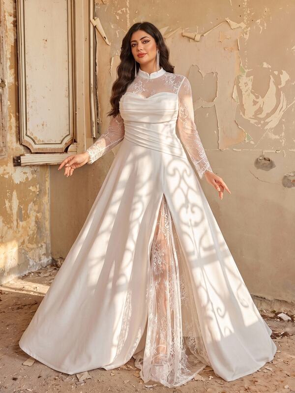 Aureia Plus Size Elegant Glamorous Romantic White Stretch Knit Contrast Lace Sheer Lace Sleeve Pleated Cowl Neck V-Waist A-Line Hem Wedding Event Bridal Gown