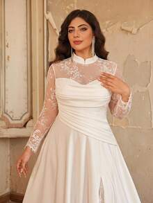 Aureia Plus Size Elegant Glamorous Romantic White Stretch Knit Contrast Lace Sheer Sleeve Pleated Cowl Neck V-Waist A-Line Hem Wedding Formal Dinner Fall - White - View 4
