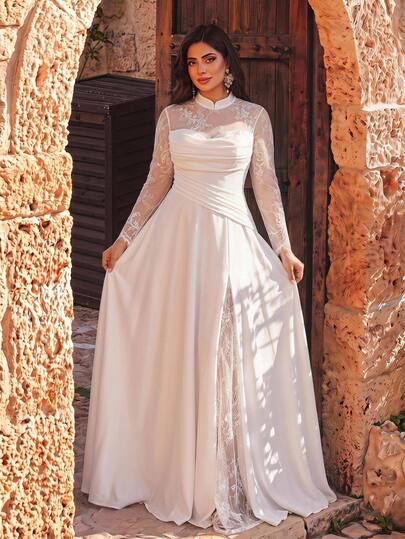Aureia Plus Size Elegant Glamorous Romantic White Stretch Knit Contrast Lace Sheer Lace Sleeve Pleated Cowl Neck V-Waist A-Line Hem Wedding Event Bridal Gown