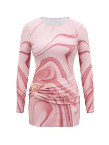 Swim Shayni Women's Summer Beach Vacation Pink Marble Print Long-Sleeve Top And Flared Pants Swimwear Set,Modest Two-Piece Swimsuit For Muslim Women - Multicolor - View 4