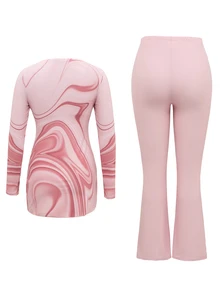 Swim Shayni Women's Summer Beach Vacation Pink Marble Print Long-Sleeve Top And Flared Pants Swimwear Set,Modest Two-Piece Swimsuit For Muslim Women - Multicolor - View 2
