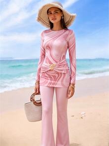 Swim Shayni Women's Summer Beach Vacation Pink Marble Print Long-Sleeve Top And Flared Pants Swimwear Set,Modest Two-Piece Swimsuit For Muslim Women - Multicolor - View 6