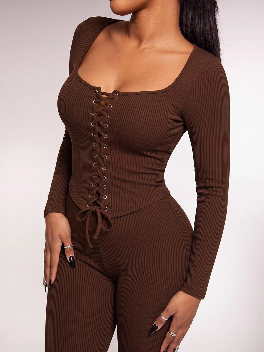 Radiana Solid Square Neck Lace Up Front Tee & Leggings Set - Brown - View 1