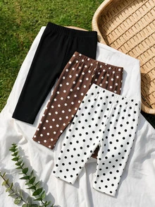 SHEIN Playful Pals Toddler Baby Girl Leggings, Ribbed Solid & Polka Dot Print Elastic High Waist Casual Long Pants 3M-3Y - Multicolor - View 3