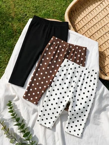 SHEIN Playful Pals Toddler Baby Girl Leggings, Ribbed Solid & Polka Dot Print Elastic High Waist Casual Long Pants 3M-3Y - Multicolor - View 4