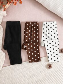 SHEIN Playful Pals Toddler Baby Girl Leggings, Ribbed Solid & Polka Dot Print Elastic High Waist Casual Long Pants 3M-3Y - Multicolor - View 5