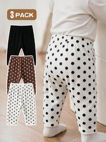 SHEIN Playful Pals Toddler Baby Girl Leggings, Ribbed Solid & Polka Dot Print Elastic High Waist Casual Long Pants 3M-3Y - Multicolor - View 2