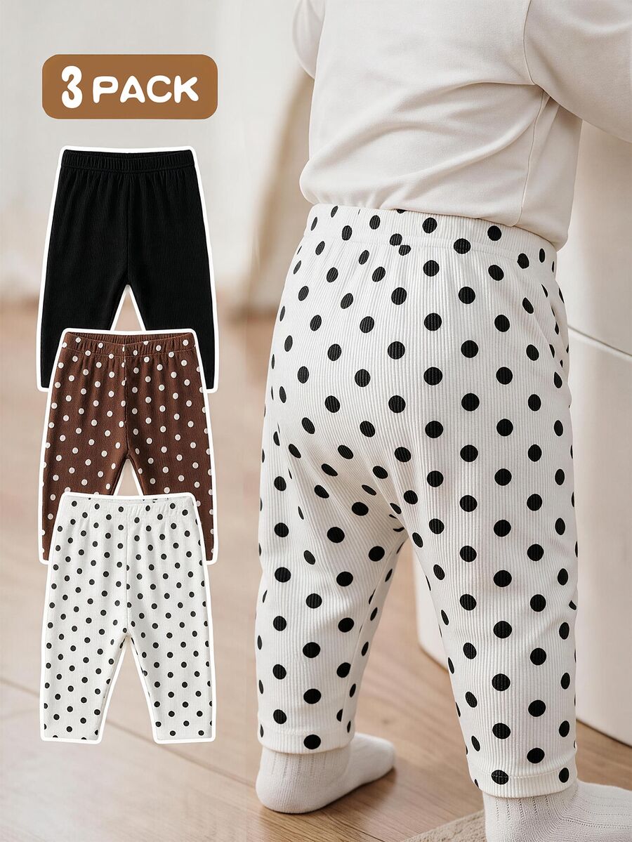 SHEIN Playful Pals Toddler Baby Girl Leggings, Ribbed Solid & Polka Dot Print Elastic High Waist Casual Long Pants 3M-3Y