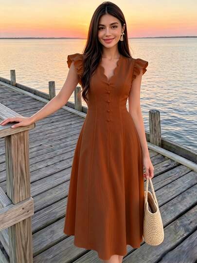 Celisse 女款優雅純色中長度度假洋裝