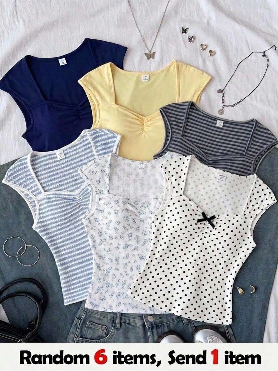 SHEIN 青少年女孩條紋拼接百褶休閒百搭日常穿著T恤 - 彩色 - 查看 1