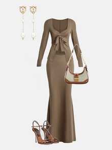 GlowEve Setelan 2 Potong Elegan untuk Wanita: Kaos Lengan Panjang dengan Simpul Depan dan Rok Ekor Ikan - Khaki - View 3