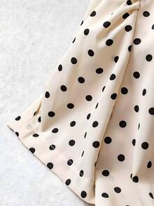 GlowEve Women's V-Neck Puff Sleeve Polka Dot Blouse, Waist Cinching Design For Slimming, Korean Style Side Button Decor Summer Top - Apricot - View 5