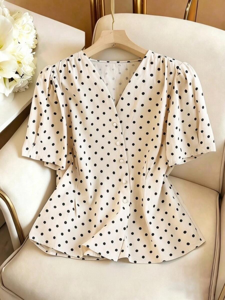 GlowEve Women's V-Neck Puff Sleeve Polka Dot Blouse, Waist Cinching Design For Slimming, Korean Style Side Button Decor Summer Top - Apricot - View 1