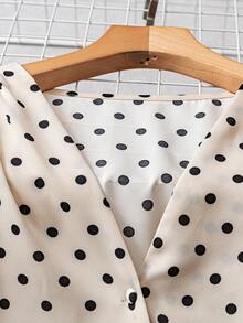 GlowEve Women's V-Neck Puff Sleeve Polka Dot Blouse, Waist Cinching Design For Slimming, Korean Style Side Button Decor Summer Top - Apricot - View 4