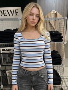 SHEIN Tween女孩秋季新款方領休閒修身長袖T恤 - 彩色 - 查看 8
