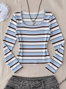 SHEIN Tween女孩秋季新款方領休閒修身長袖T恤 - 彩色 - 查看 7