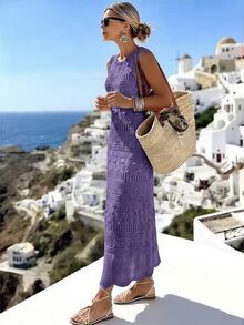 Hotletica New European And American Fashion Vacation Casual Mixed Color Versatile Knit Top Sweater Dress - Purple - View 3