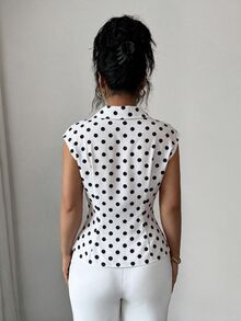 SHEIN Unity 女款優雅四季通用翻領收腰波點對比蕾絲飾邊襯衫，適合日常穿著與辦公室 - 彩色 - 查看 4