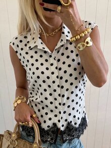 SHEIN Unity 女款優雅四季通用翻領收腰波點對比蕾絲飾邊襯衫，適合日常穿著與辦公室 - 彩色 - 查看 3