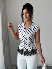 SHEIN Unity 女款優雅四季通用翻領收腰波點對比蕾絲飾邊襯衫，適合日常穿著與辦公室 - 彩色 - 查看 5