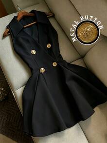 Franclia Women's Solid Color Minimalist Mature Maturity Sleeveless Waist-Cinching Short Summer Dress Party Night Cocktail Black And Gold - Black - View 3