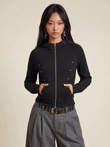 Rina Fox Women's Casual Rivet Design Zip-Up Sweatshirt - Black - View 7