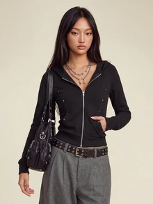 Rina Fox Women's Casual Rivet Design Zip-Up Sweatshirt - Black - View 6