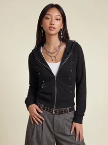 Rina Fox Women's Casual Rivet Design Zip-Up Sweatshirt - Black - View 4