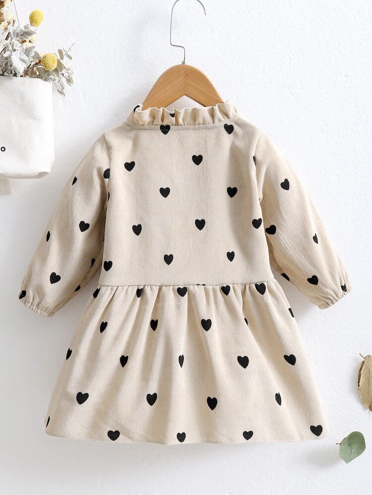 Toddler Girls Heart Print Frill Neck Corduroy Smock Dress Cute Vintage Bishop Sleeve Flounce Hem High Waist Autumn Winter Casual Boutique Outfits - Apricot - View 2