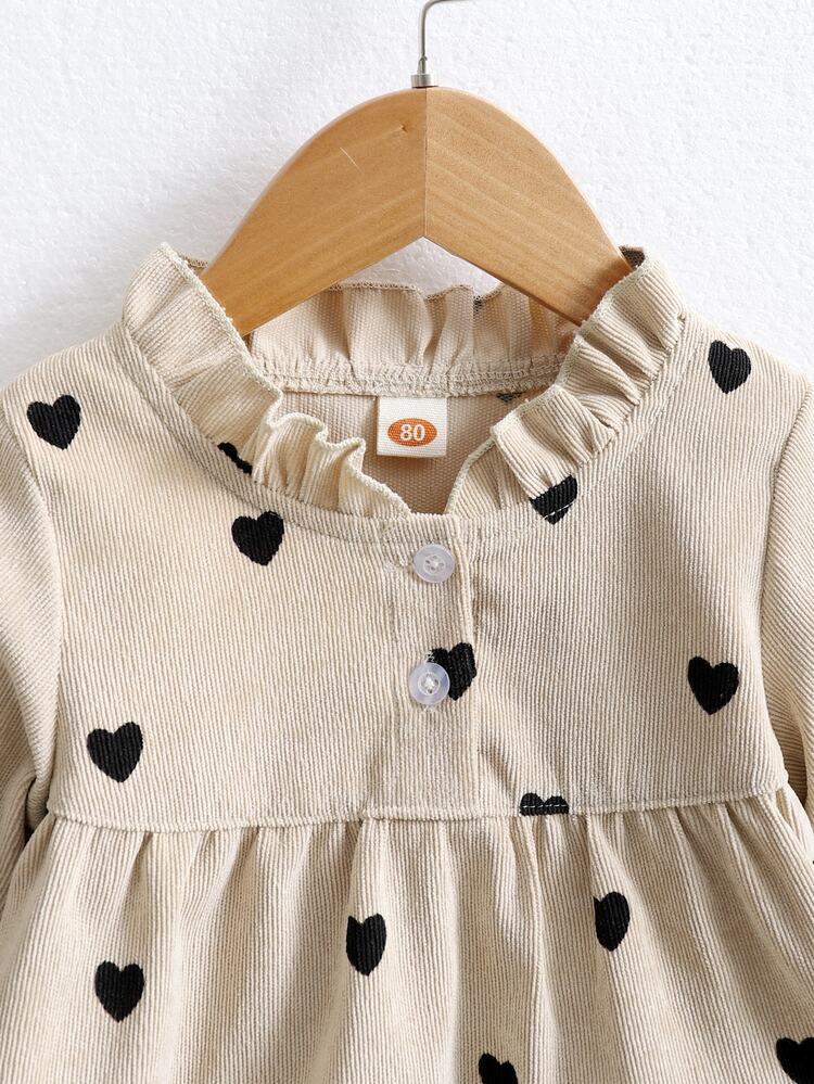 Toddler Girls Heart Print Frill Neck Corduroy Smock Dress Cute Vintage Bishop Sleeve Flounce Hem High Waist Autumn Winter Casual Boutique Outfits - Apricot - View 6