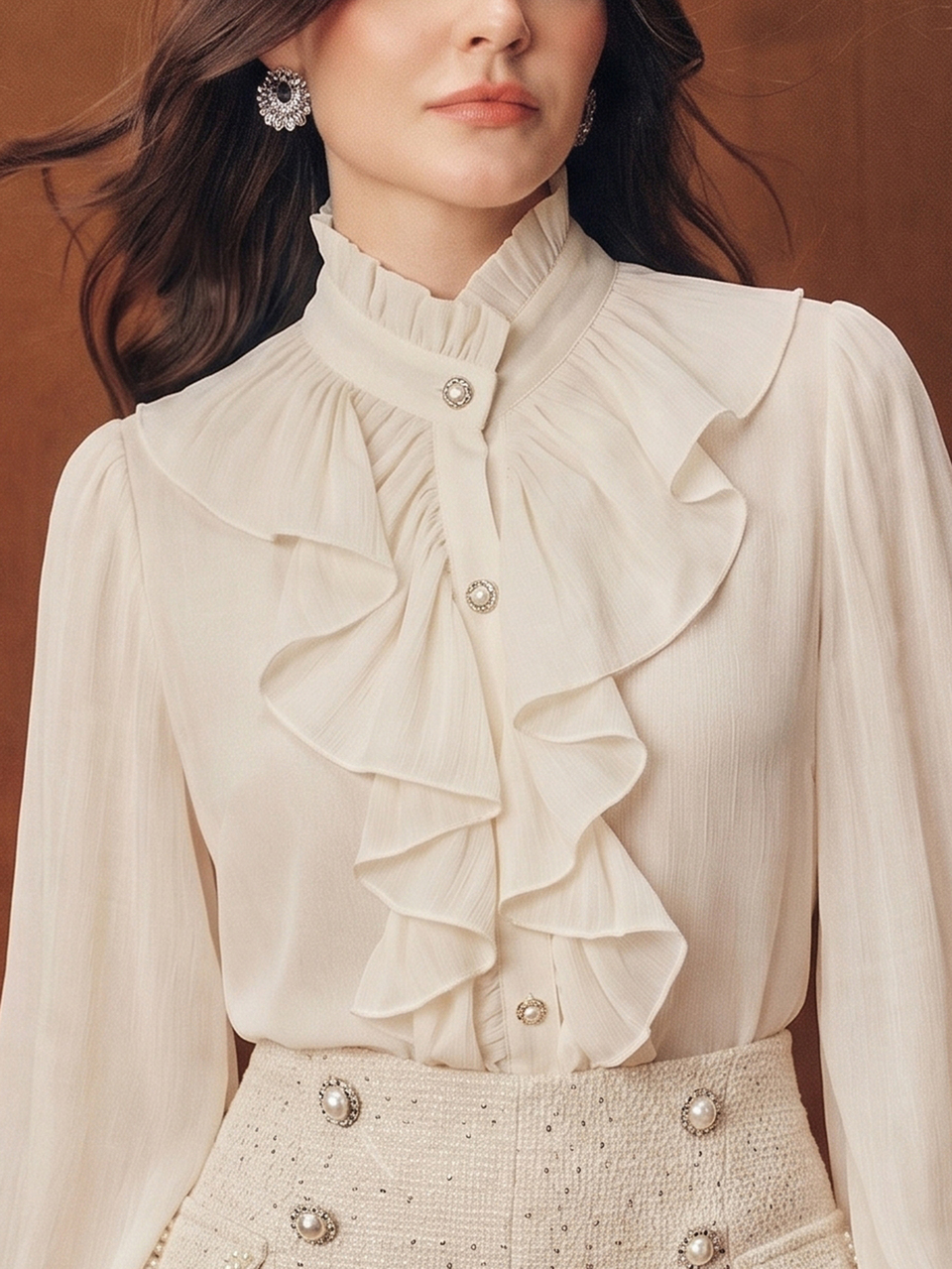 Anewsta Spring/Summer New Elegant Fashion Romantic Palace Style Ruffle Long Sleeve Women's Blouse For Outing, Office, Date, Party, Holiday And Vacation