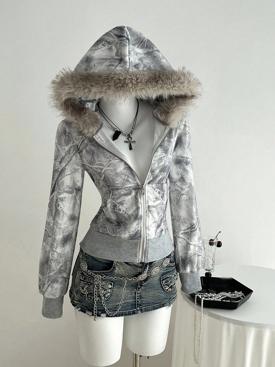 SHEIN جاكيت محبوك بقصة ضيقة للفتيات المراهقات، كاجوال بأسلوب ستريت إنستا، بطبعة تمويه داكنة، وياقة مضلعة، وخصر مشدود، وجيوب، للخريف والشتاء - متعدد الألوان - مشاهدة 1