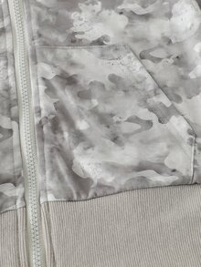 SHEIN 少女秋冬休閒街頭風深色迷彩印花羅紋領收腰口袋修身針織外套 - 彩色 - 查看 6