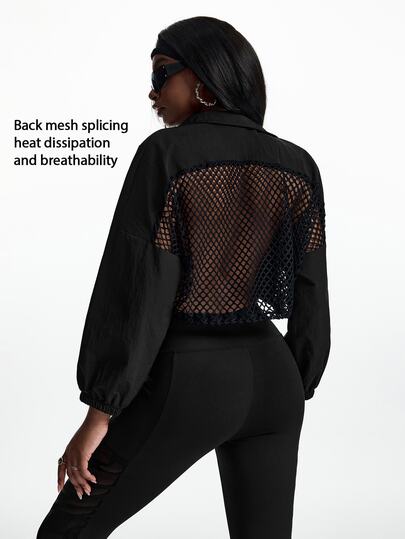 Innovista Innovista Women's Black Cropped Windbreaker Jacket Stand Collar Full Zip Lightweight Breathable Running Hiking Outdoor Training جاكيت تغطية
