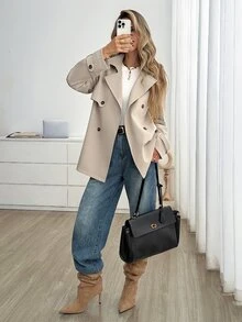 Easowa 雙排扣毛絨保暖內裡休閒寬鬆優雅通勤老錢風秋冬女款風衣 - 卡其色 - 查看 5
