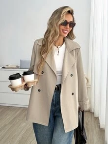 Easowa 雙排扣毛絨保暖內裡休閒寬鬆優雅通勤老錢風秋冬女款風衣 - 卡其色 - 查看 6