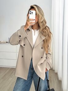 Easowa 雙排扣毛絨保暖內裡休閒寬鬆優雅通勤老錢風秋冬女款風衣 - 卡其色 - 查看 9