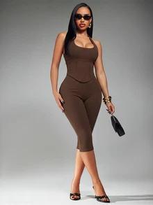 Radiana Solid Lace Up Back Halter Top & Capri Leggings Set - Brown - View 6