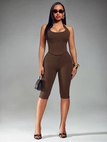 Radiana Solid Lace Up Back Halter Top & Capri Leggings Set - Brown - View 8