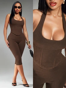 Radiana Solid Lace Up Back Halter Top & Capri Leggings Set - Brown - View 1